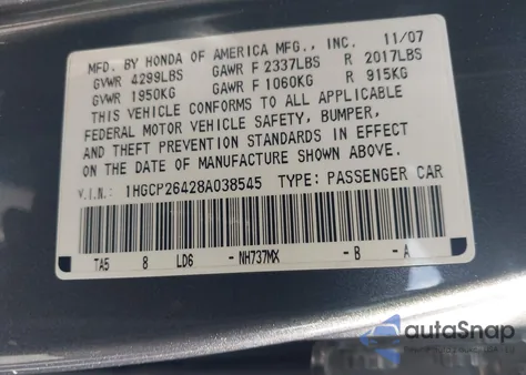 2008 Honda Accord 2.4 Lx-P z USA, uszkodzony, nr VIN 1HGCP26428A038545